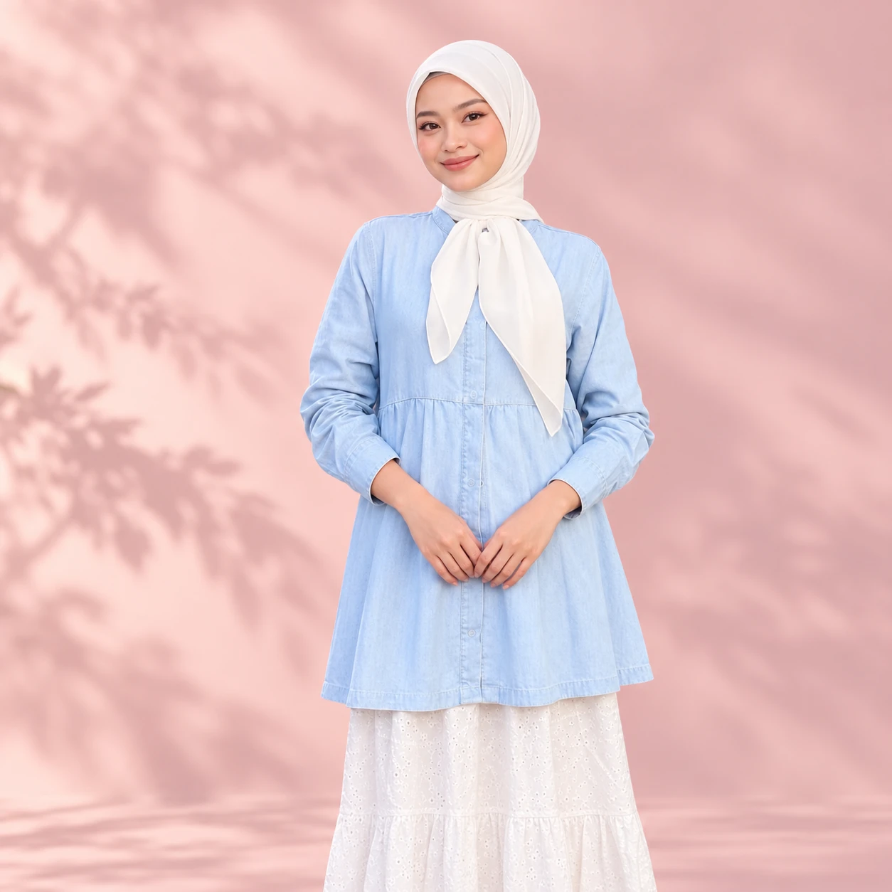 AI styling illustration: model wearing MIRA's Everyday Tunic in Light Blue